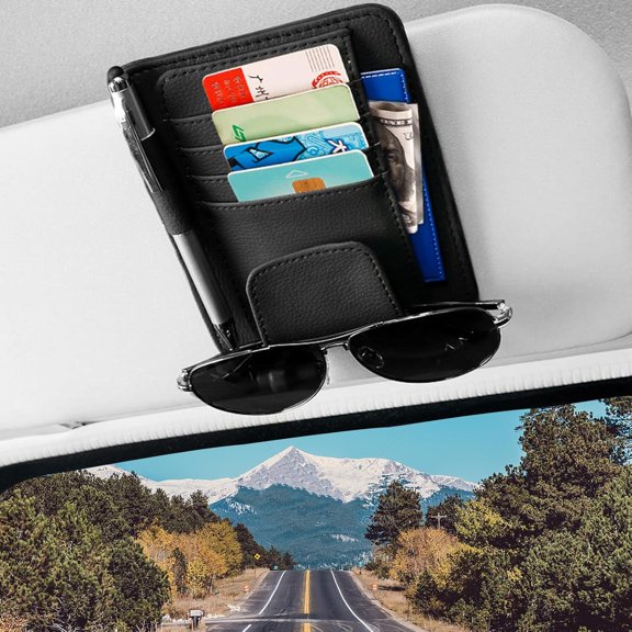 Small Car Sun Visor Organizer with Clip for Car/Truck/SUV, Sunglass Holder, Cards Sleeve Pocket Organizer, Car Visor Document Holder, Sunglasses, Car Registration/Drving License, Insurance Info, Pen