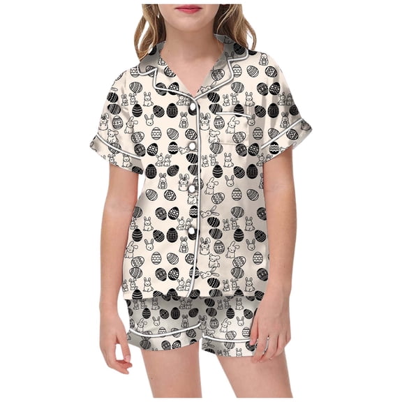 Girls Easter Pajamas Size 18 Bunny Short Sleeve Pjs Silk Tops and Shorts Comfortable Button Down Home Clothes 2 Piece Summer Loungewear Nightwear Outfits 8-9 Years(Beige)