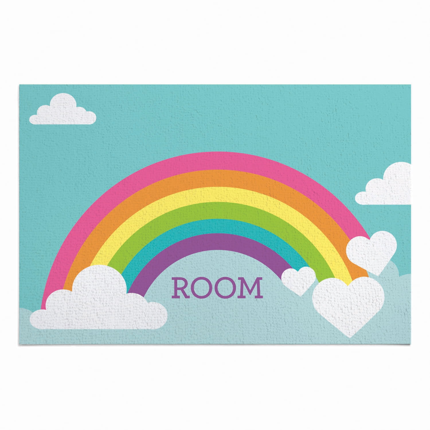 Personalized Planet 27x18 Girls Rainbow Bedroom Doormat with Custom Name Printed on Blue Rectangular 1/4” Thick Non Slip Mat with Clouds and Hearts Design