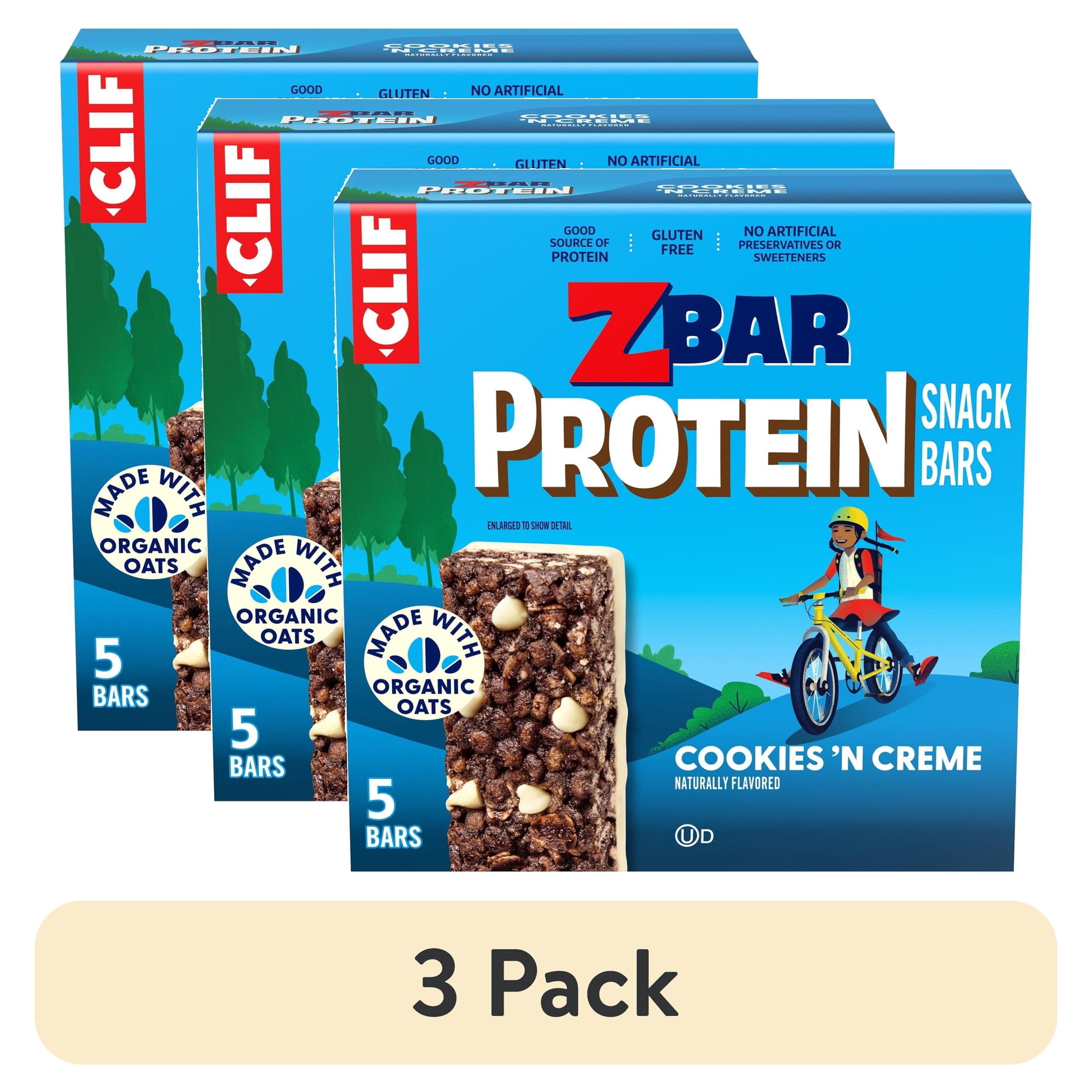 (3 pack) Zbar Protein Cookies 'n Creme Flavor Snack Bars, Gluten Free Protein Bars, Snacks for Kids, 5 Count