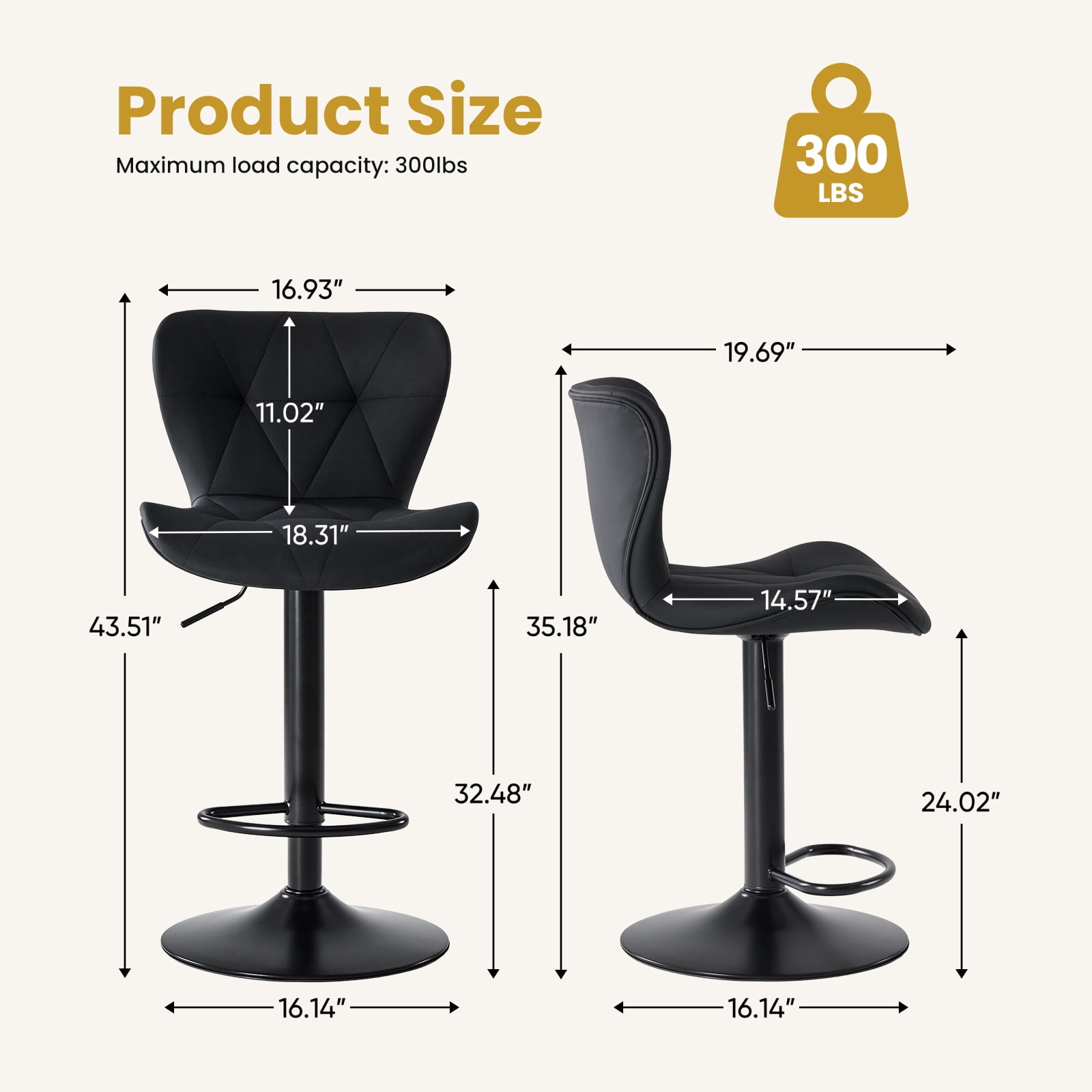 Modern Bar Stools Set of 2, Adjustable Swivel Faux Leather