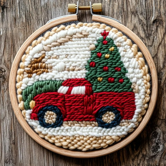 DIY Punch Needle Kits for Beginners Christmas Truck with Christmas Tree with Hoop Embroidery Punch Needle Starter Craft Set Easy for Adults and Children Festival Gift and Decoration 20x20cm-1