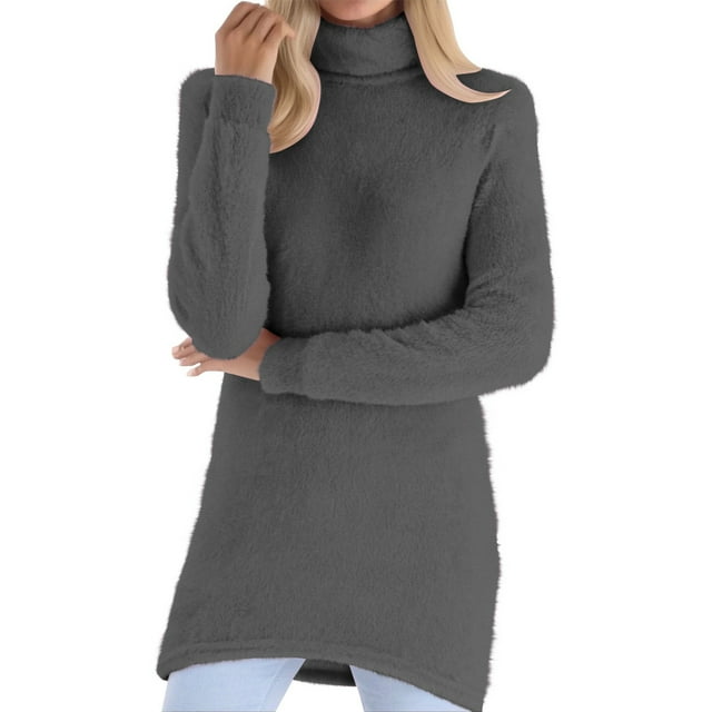 Ltctricy Chandails à Col Roulé pour Femmes en Molleton Doux à Manches Longues Grande Taille chandail-Over Chandail Hauts Tunique Chaude en Peluche (Gris Foncé, Petit)