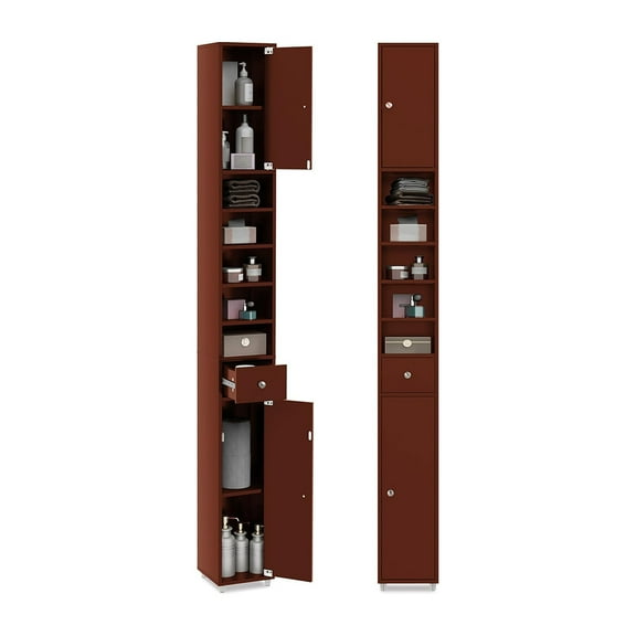 8" x 8" x 71" Tall Slim Bathroom Storage Cabinet, 71" Freestanding Bathroom Cabinet w/ 2 Doors, 1 Drawer & 5 Adjustable Shelves, Floor Narrow Tower Cabinet for Small Spaces (Brown)