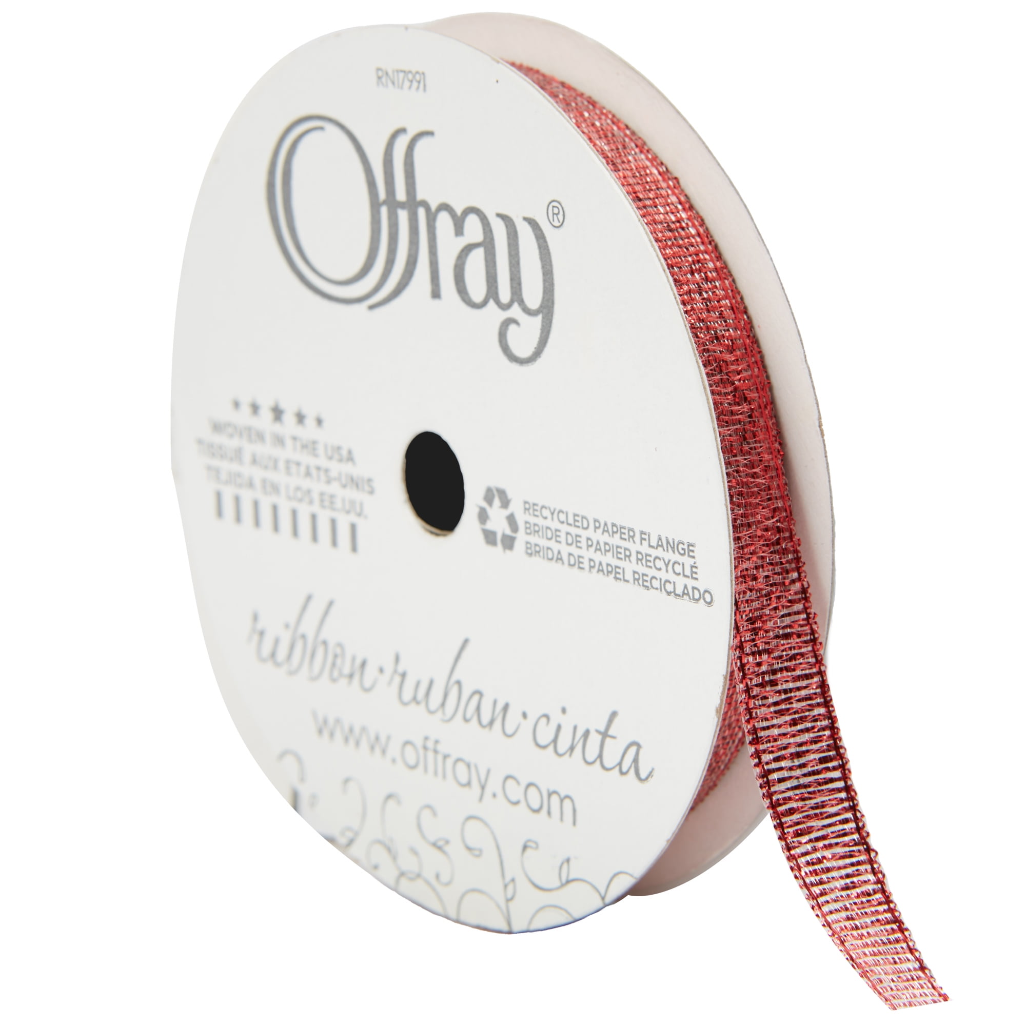 (3 pack) Offray Ribbon, Red 3/8 inch Galena Metallic Ribbon for Wedding, Crafts, and Gifting, 9 feet, 1 Each