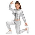 thumbnail image 3 of Hansber Kids Girls Shiny Metallic Hoodie Crop Top with Cami Vest and Pants Hip Hop Jazz Dance Outfit Silver 12, 3 of 7