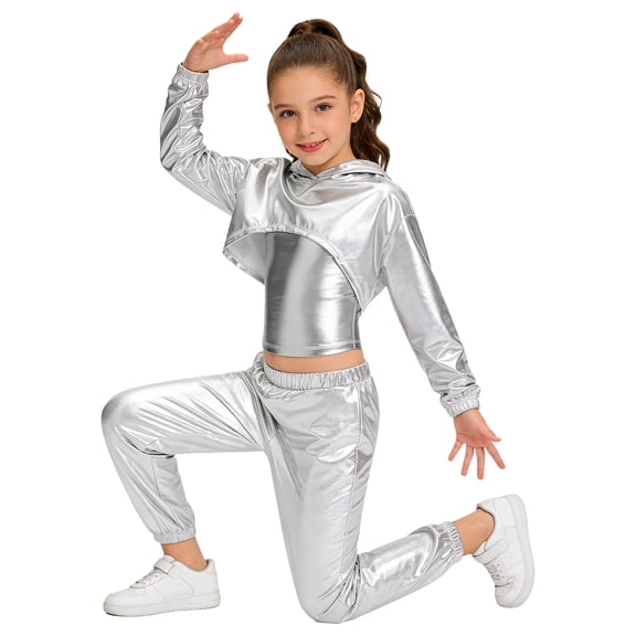 TTAO Girls Hip Hop Modern Jazz Disco Street Dance Outfit Metallic Hoodie Sweatshirt Camisole Vest With Pants Set Silver 12