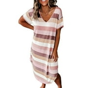 Frontwalk Women Cotton Nightgown Sleepwear Short Sleeves Shirt Casual Striped Print Sleepdress Soft Sleepshirt Loose Fit Loungewear Size S-3XL