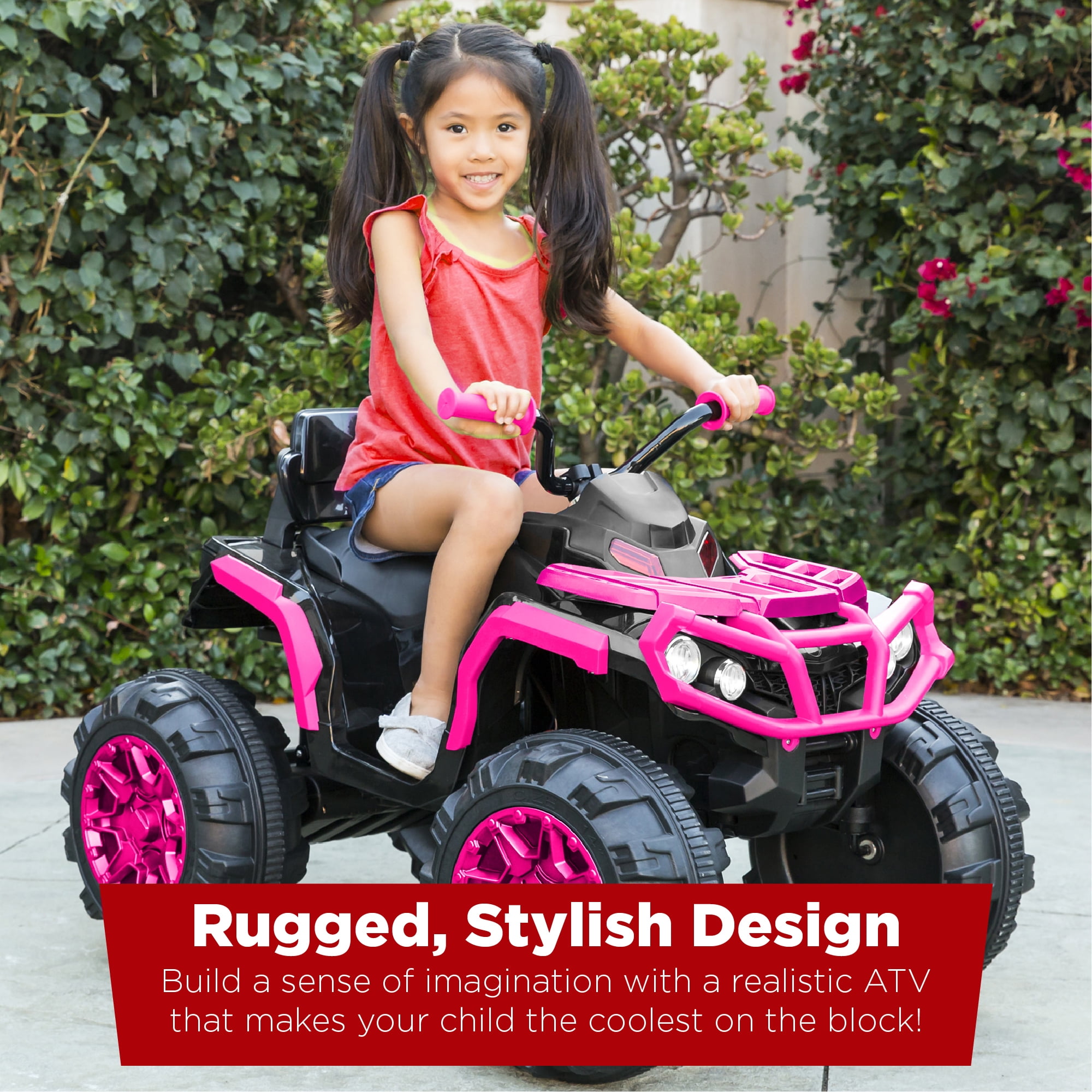 Best Choice Products 12V Kids Ride-On ATV Quad w/ Bluetooth, 3.7mph Max, Treaded Tires, LED Lights, Radio - Hot Pink