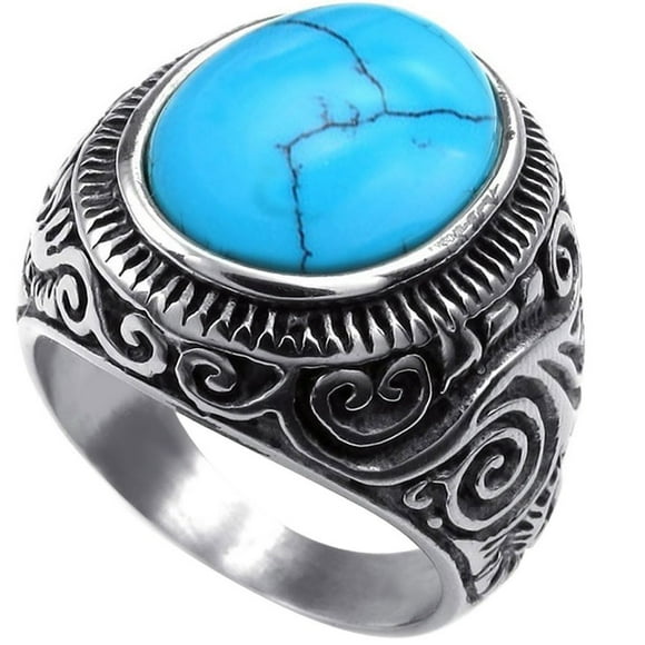 Bague Classique Vintage Turquoise Biker en Acier Inoxydable Argent Bleu Taille 12