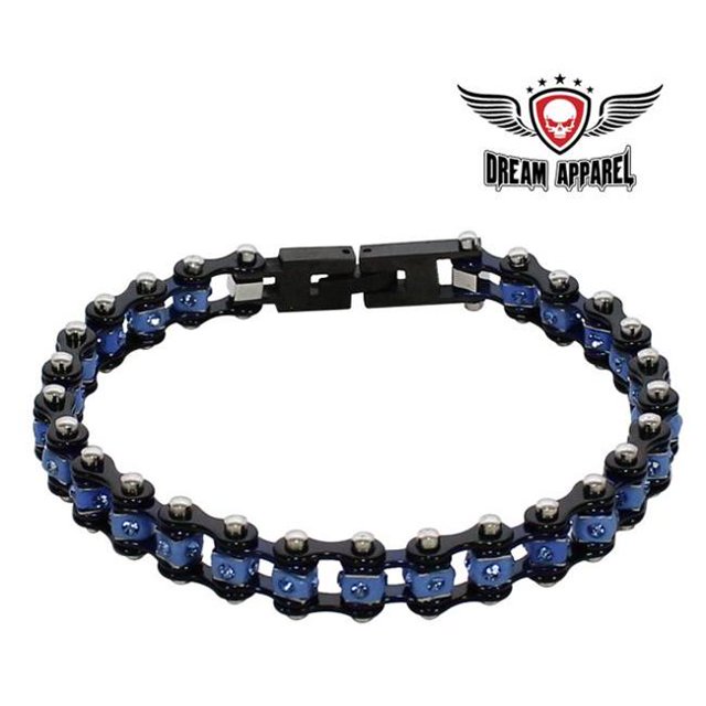 Black Chrome Squared Motorcycle Bracelet with Blue Gemstones - Small