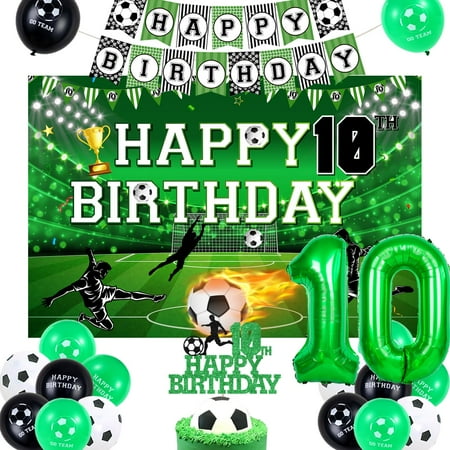 kreat4joy 10th Birthday PriNst Soccer Decorations for Boys, 10th Birthday Balloons for Boys Happy Birthday Backdrop Cake Topper Banner, Number 10 Foil Balloon for Boy Sports Theme Party
