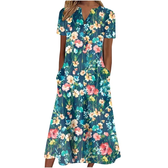 ICHUANYI Clearance Women's Summer Casual V-Neck Buttons Short Sleeve With Pocket Printed Dresses(Army Green, XXL) ICHUANYI WER2023080906790