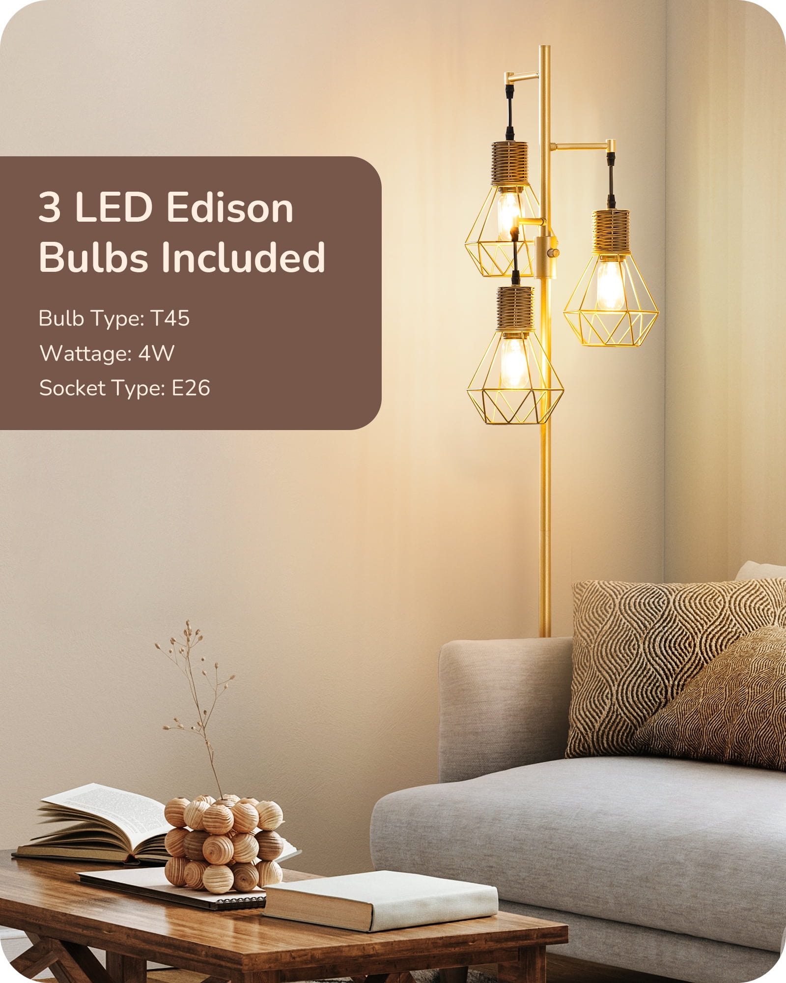EDISHINE Industrial Floor Lamps for Living Room Clearance, Dimmable, Metal Standing Tree Lamp for Bedroom, Office, Home Decor, LED Bulb Included, Gold