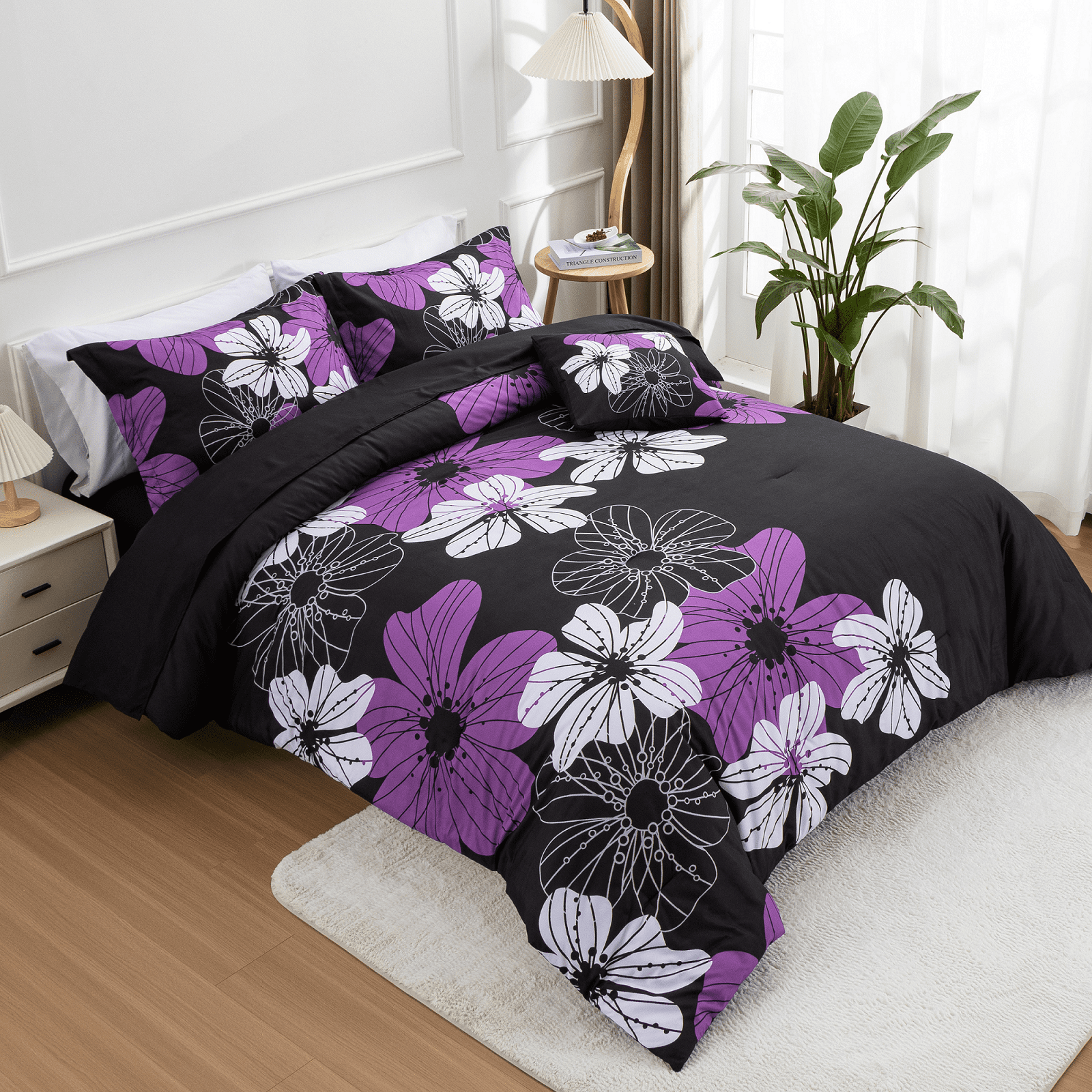 Btargot 6PCS Purple Comforter Sets King Floral Botanical Boho Bed-in-a-Bag Black Bedding Set