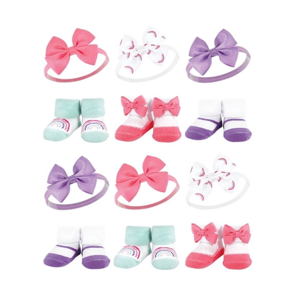 Hudson Baby Infant Girl 12Pc Headband and Socks Giftset, Purple Rainbow, One Size