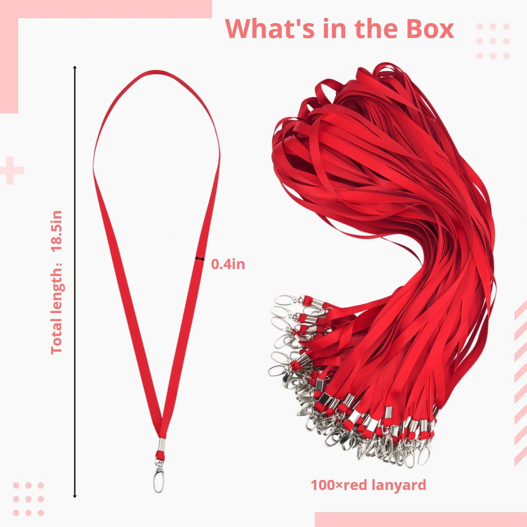 100PCS Lanyards for ID Badges, Bulk Red Neck Lanyards with Swivel Hook Clips, Polyester Flat Lanyards for Adults, Neck Straps for Office, Conference, Show