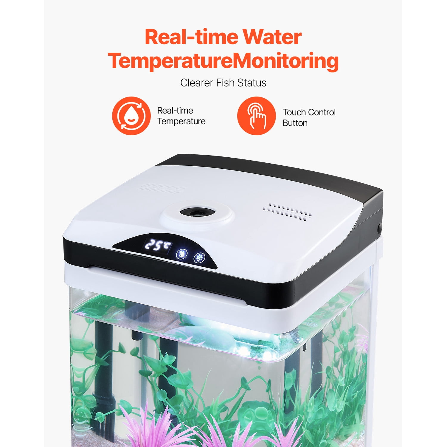 KFFKFF 2-Gallon LED Glass Aquarium with Temperature Display, Adjustable 7-Color Lighting, Self-Cleaning System for Freshwater and Saltwater Fish, Ideal for Home, Office, and Pets