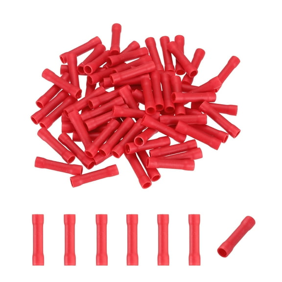 Uxcell 100 Pcs Fully Insulated Butt Connectors, BV1.25 20-16 AWG Copper Wiring Crimps Terminals Kit, Straight Wire Terminals for Wire Connection Electrical, Red