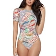 thumbnail image 2 of Goofa Passport Stamp Printed Women Rash Guard Short Sleeve,Tummy control Swimsuit Surfing Swimsuit Bathing Suit One Piece Swimsuit UPF 50-Large, 2 of 9
