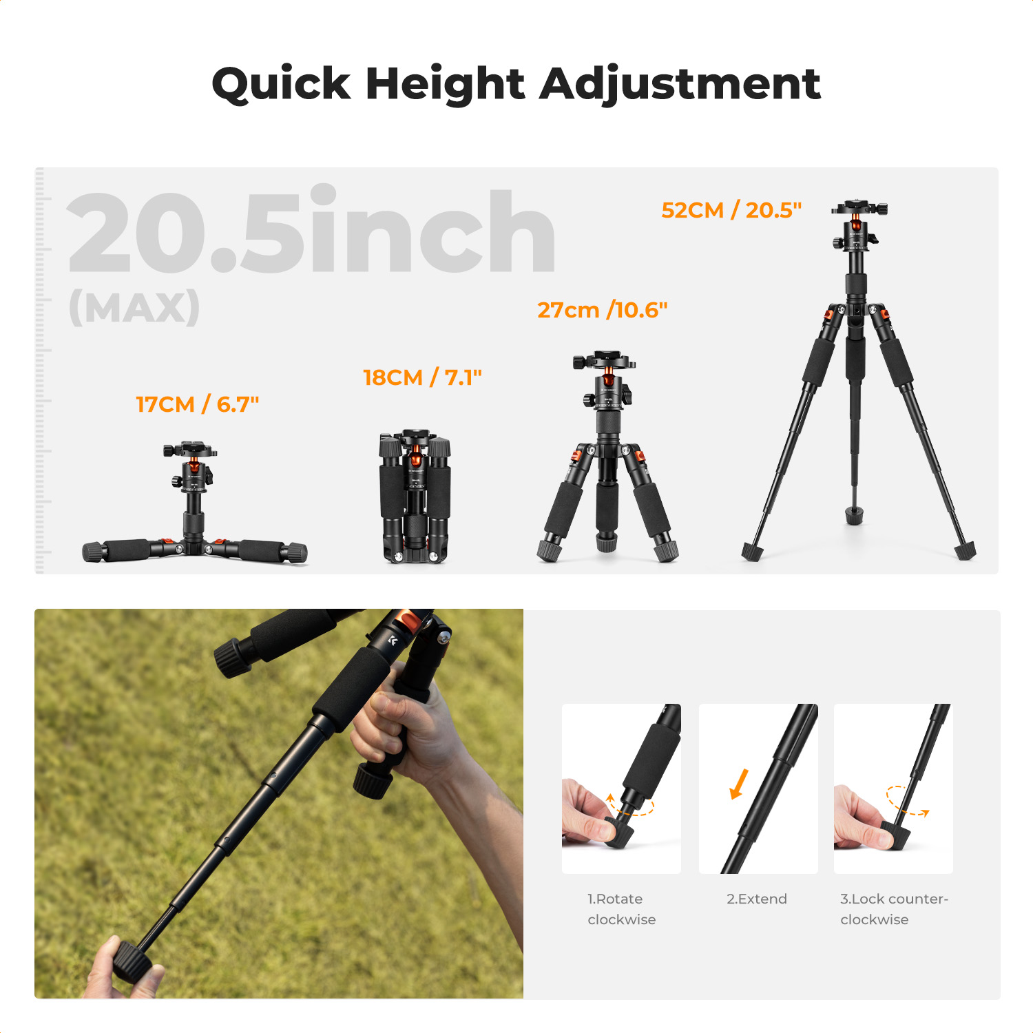 K&F CONCEPT 20.5"/ 52cm Desktop Mini Tripod for Camera, with 360° Low Profile Ball Head, 1/4'' Screw Quick Release Plate, Load Capacity 6KG