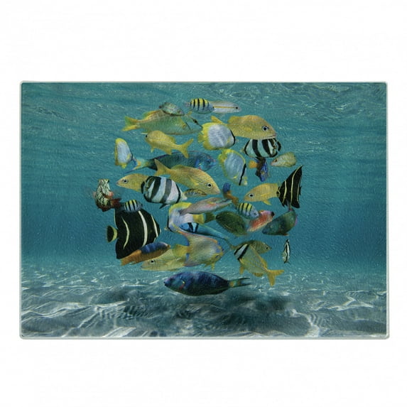 Fish Cutting Board, Shoal of Fish Forming a Circle Above a Sandy Seabed in Clear Water Caribbean Ocean, Decorative Tempered Glass Cutting and Serving Board, Small Size, Multicolor, by Ambesonne