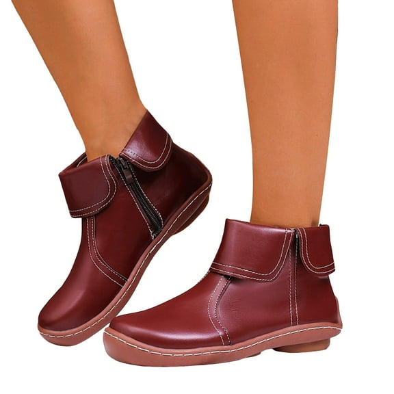 Womens Ankle Boots Fashion Fold Over Splice Leather Round Toe Zipper Booties Casual Nonslip Wide Calf Short Boots