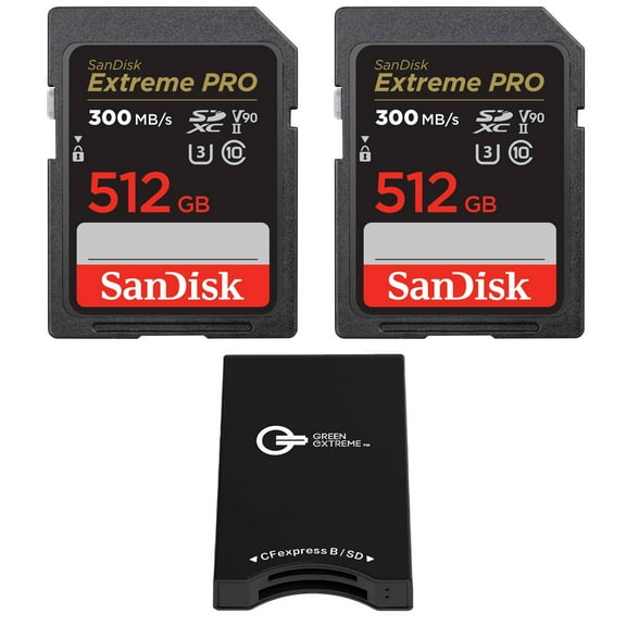 SanDisk 512GB Extreme PRO UHS-II SDXC Memory Card, 2-Pack, Bundle with USB-C CFexpress Type-B and SD Memory Card Reader