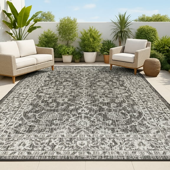 JONATHAN Y SANTA MONICA 3 x 5 Area Rug, Palazzo Vine and Border Textured Weave - Black/Gray, SMB103C-3