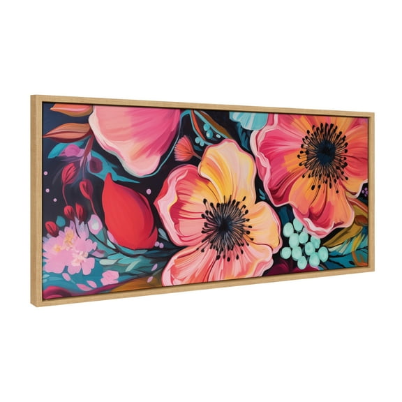 Kate and Laurel Sylvie Preppy Boho Aesthetic Colorful Floral Group Framed Canvas Wall Art by The Creative Bunch Studio, 18x40 Natural, Bright Colorful Flower Art for Wall