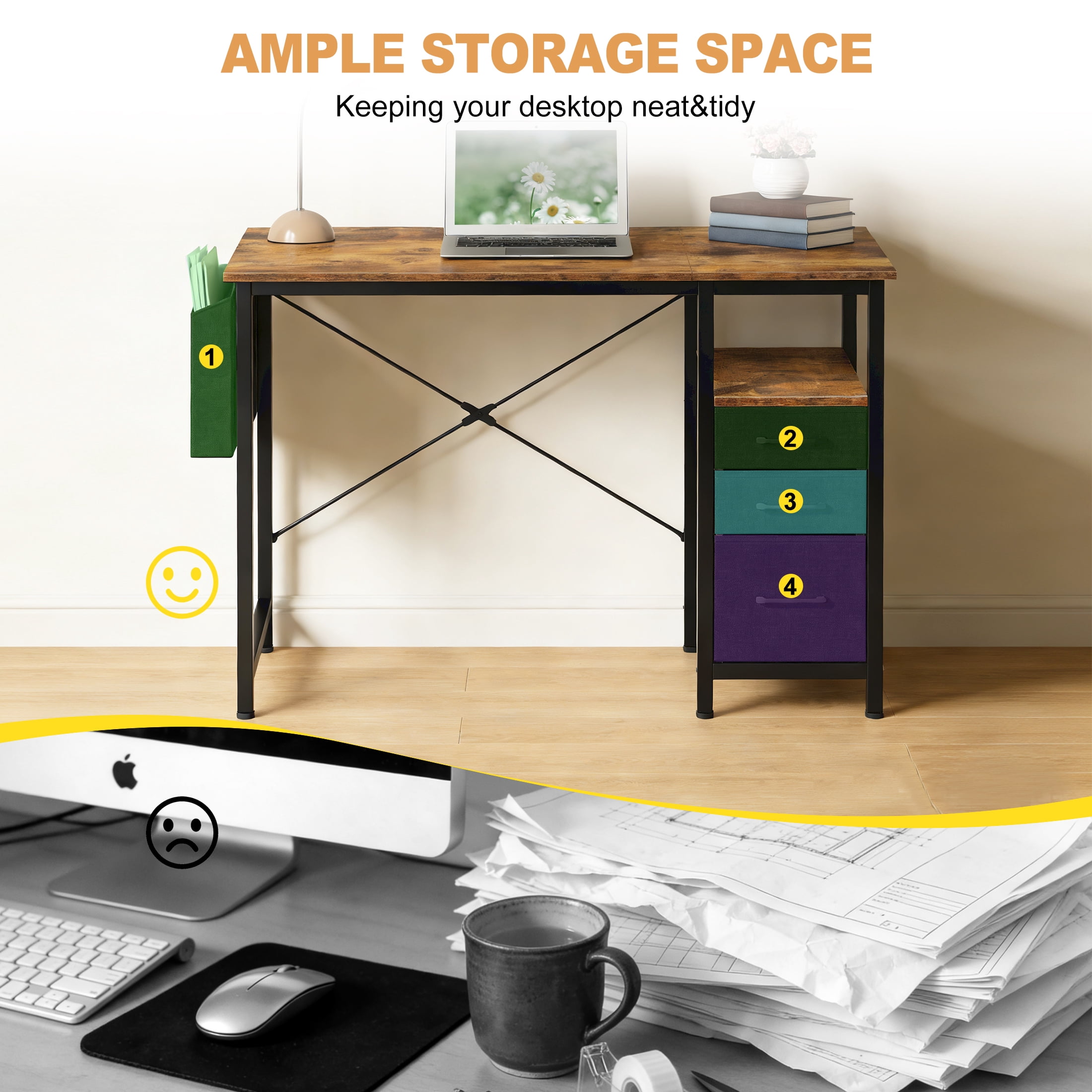 EDX 40 Inch Computer Desk with 3 Drawers, Writing Desk with Side Storage Pocket, for Home Office, Bedroom , Rustic Brown
