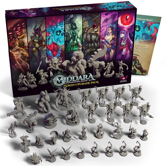 Middara: Unintentional Malum: Act 1 - Token Upgrade Pack - 32 Plastic Miniatures, Upgraded Standees, RPG Components, Dungeon Crawler Roleplaying Game