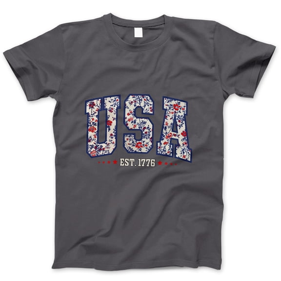 USA Est. 1776 Floral Print T-Shirt – Cute Patriotic Red White Blue Graphic Tee for Women, Summer 4th of July Independence Day Outfit Top