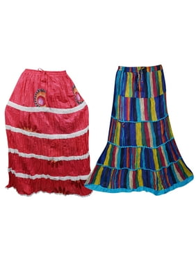 Mogul Women's 2pc Colorful Ethnic Indian Cotton Aline Tiered Skirts