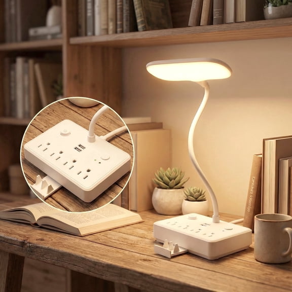 VOLIVO LED Desk Lamp with 4 AC Outlets & 2 USB Ports, 2 Color Temperatures & 3 Lighting Modes, Gooseneck Table Lampfor Home, Office, Table