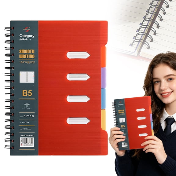 B5 Spiral Notebook with Dividers, Multi Subject 5-Tab Organizer Notebook, 210 Sheets, 180° Lay-Flat Design, Premium Thick Paper Notebook for Note Taking, Work, Writing and Daily Planning, Red