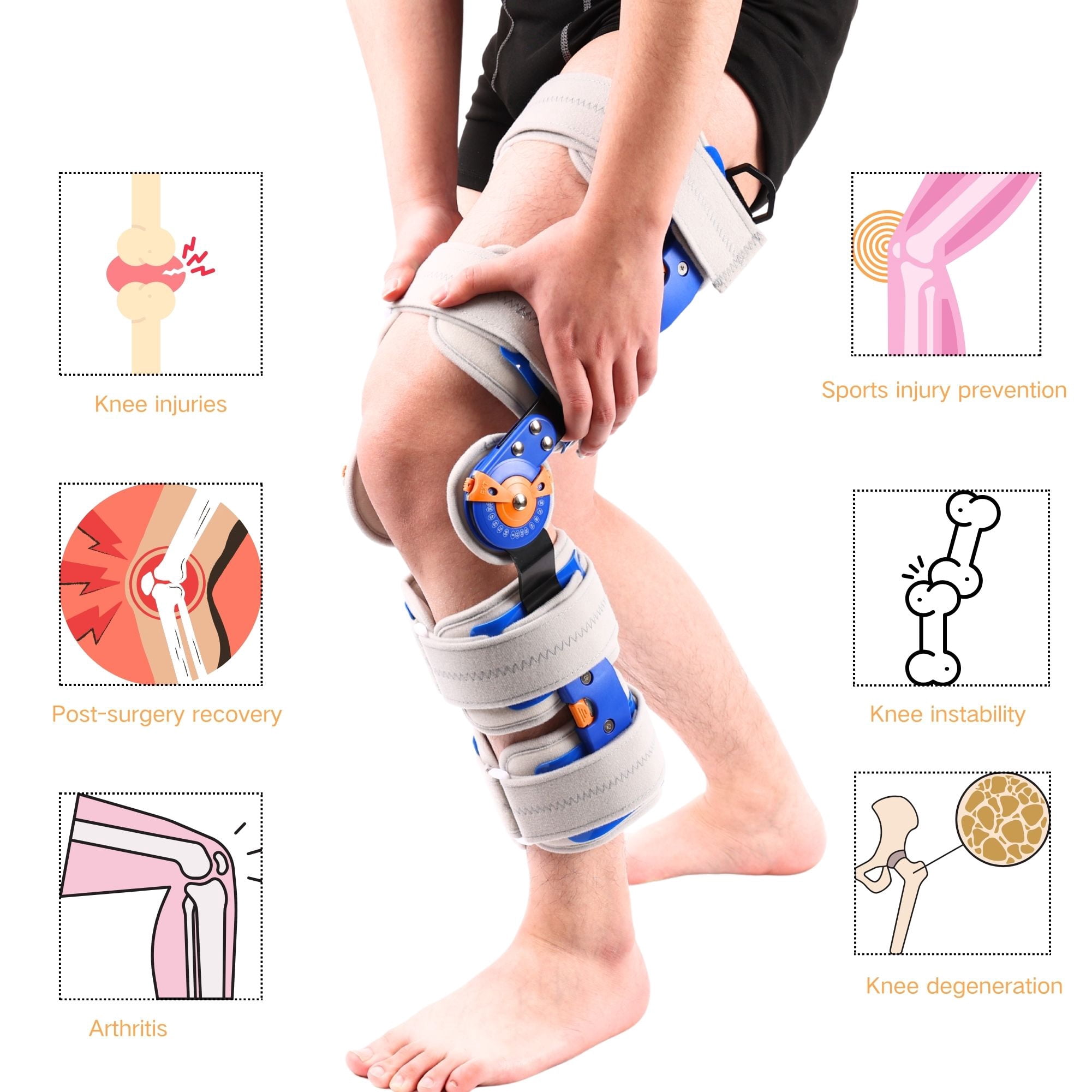 Hinged ROM Knee Brace for Recovery Stabilization, ACL, MCL and PCL Injury, Adjustable Medical Orthopedic Support Stabilizer After Surgery