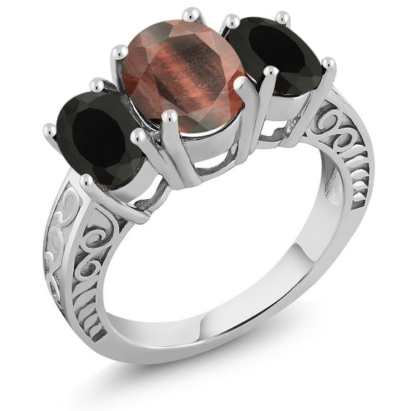 Gem Stone King 2.90 Ct Oval Red Tiger Eye Black Onyx 925 Sterling Silver Ring (Size 5)