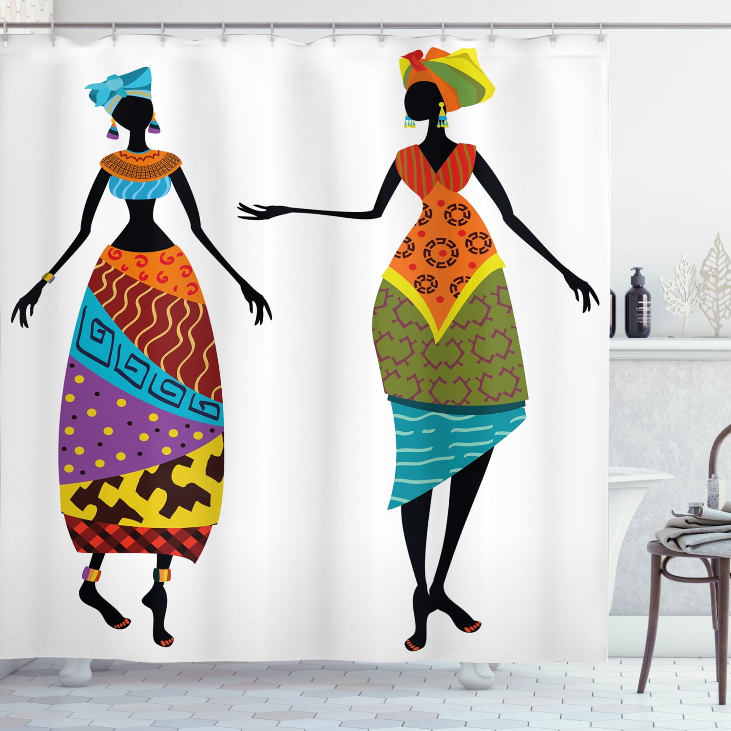 African Woman Shower Curtain, Tribal Ladies in Traditional Costume Silhouettes Ethnicity Vintage