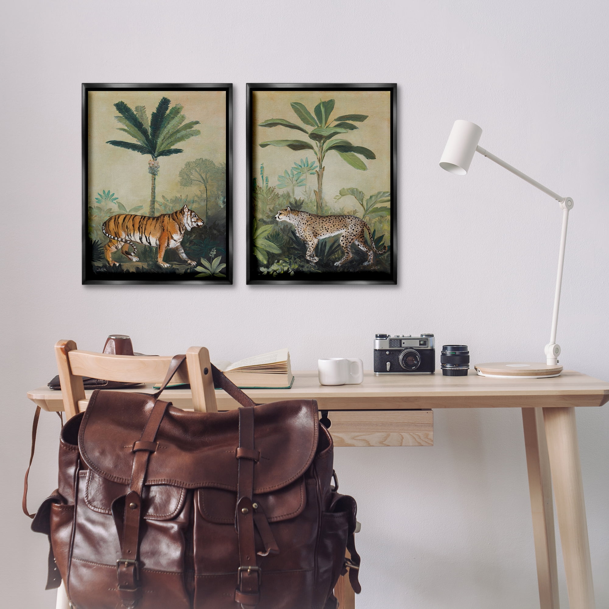 Stupell Industries Tiger Cheetah Jungle Forest Animals Painting Black Floater Framed Canvas Art Print Wall Art, 17 x 25, Set of 2