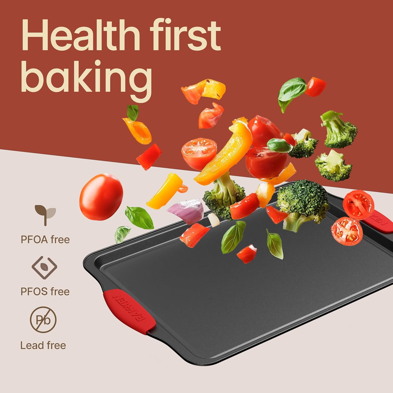 Bakken- Swiss Kitchen Baking Pans - Medium (15.15 × 10.03") and Large (17.1 x 11.8") Nonstick Sheets, Carbon Steel Cookie Sheets with Gray Silicone Handles Oven Safe (450°F), Set of 2