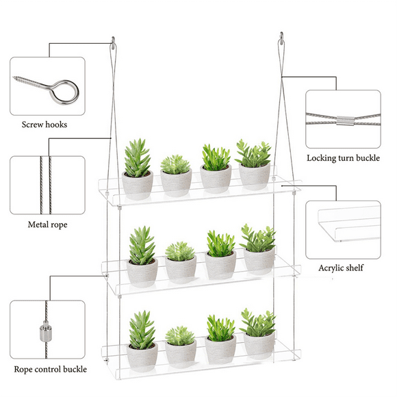 3-Tier Window Plant Shelves 16 Inch, Acrylic Hanging Floating Shelf