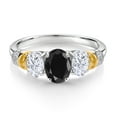 thumbnail image 2 of Gem Stone King 925 Sterling Silver and 10K Yellow Gold Oval Black Sapphire White Moissanite and White Diamond 3 Stone Ring for Women (2.69 Cttw, Gemstone September Birthstone, Size 9), 2 of 3