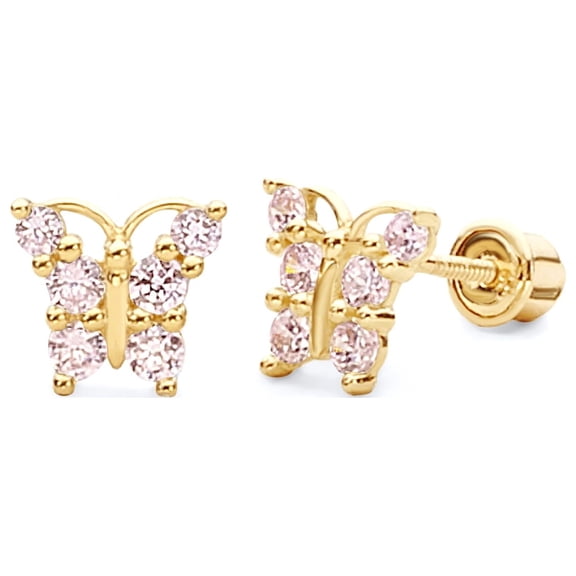 14k REAL Yellow Gold Pink Butterfly Stud Earrings with Screw Back