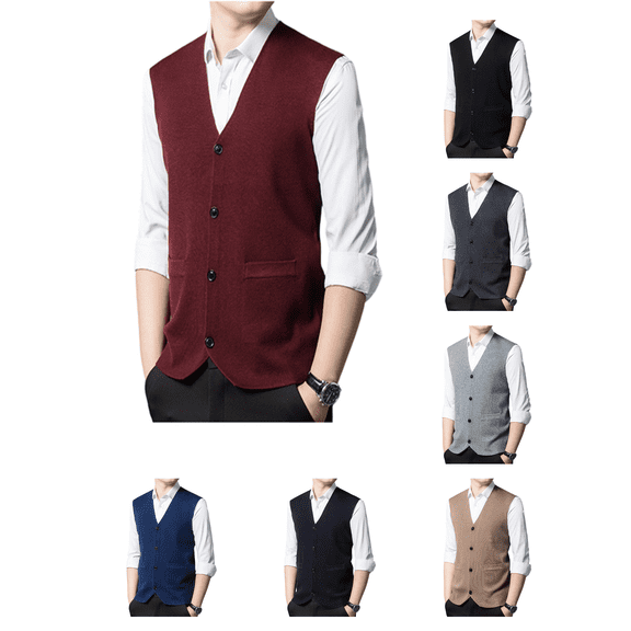 Atkumj Plus Size Men's Sweater Vests with Front Pockets V Neck Button Down Knit Vest Casual Oversized Solid Color Sleeveless Fall Sweater Vest M