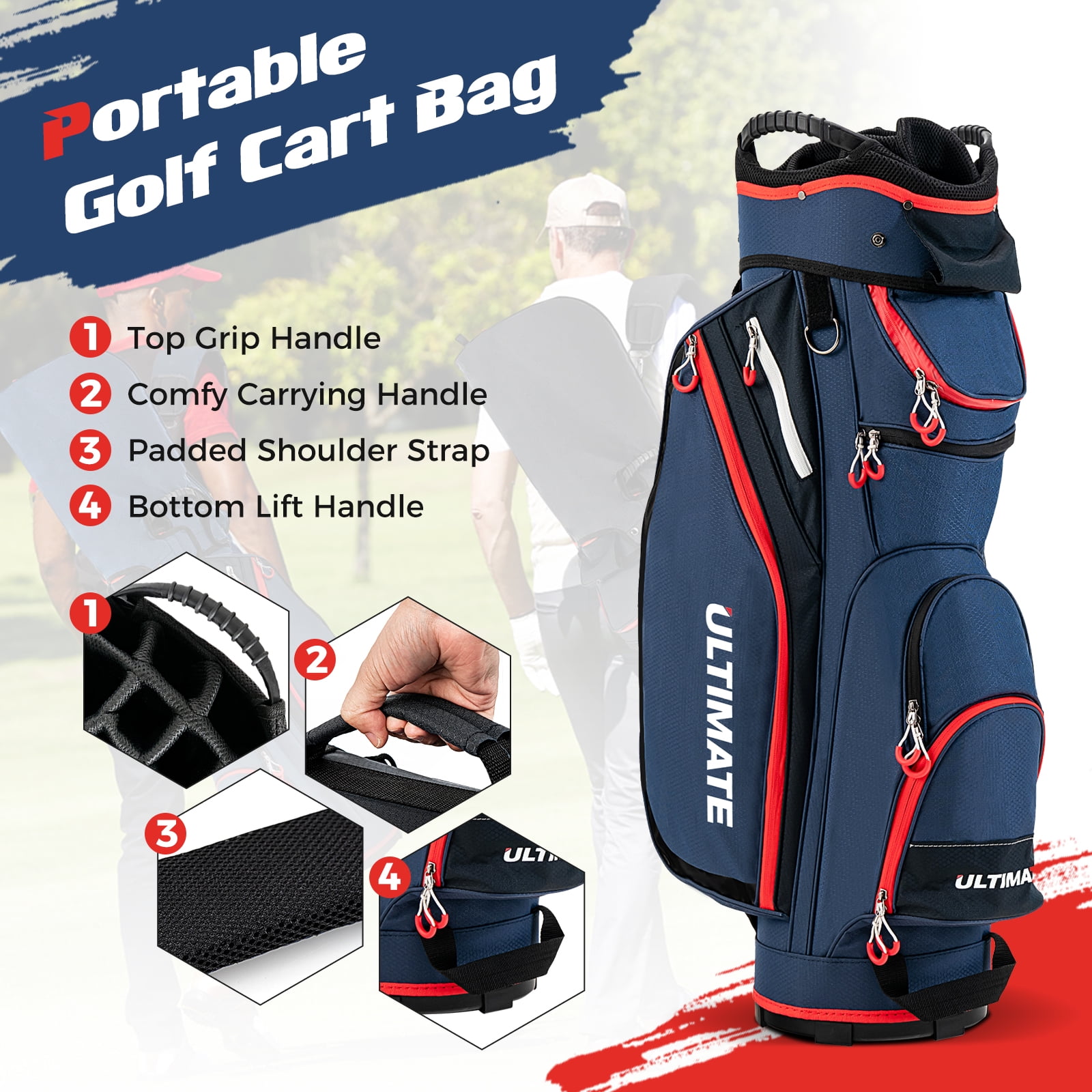 Topbuy Golf Cart Bag Lightweight Portable Golf Club Bag with 14-Way Dividers 8 Zippered Pockets Including Cooler Bag Rain Hood and Shoulder Strap for Men Women Navy