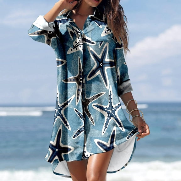 Ruimatai Swimsuit Cover Up Plus Size Womens Tops Summer Casual Turn-down Collar Long Sleeve Printed Smock Buttons With Pocket Shirt Dresses