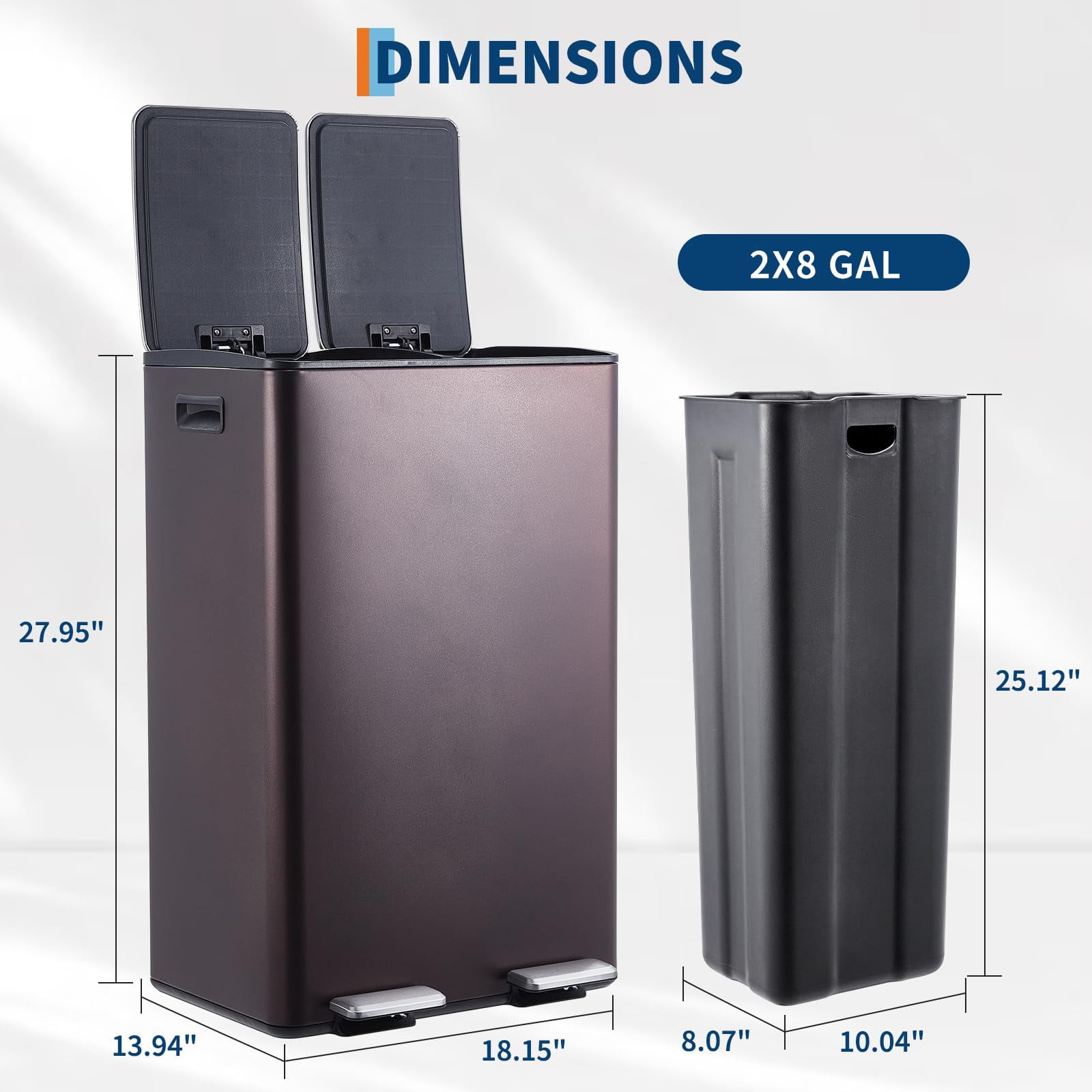 Dual Trash Can, 16 Gal (2 x 30 l) Kitchen Garbage Can with Lid and Inner Bucket, Double Compartment Trash and Recycle Bin Combo with Step Pedal
