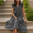 thumbnail image 5 of Womens Summer Dresses Casual Short Sleeve Round Neck Midi A Line Cotton Linen Sundress Gray XL, 5 of 7