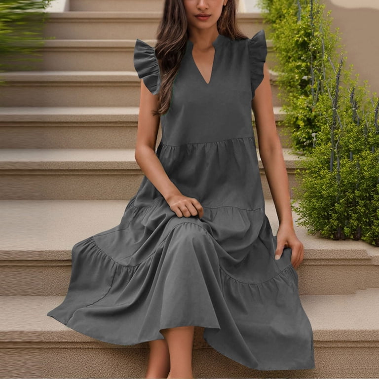 Gray Long for Ladies Fall Summer Sleeveless Cap Sleeve V Neck Midi Knee  Length Casual Ruched Cami Tank Plain Asymmetrical Dresses Womens 2025  Clothes Fashion XXL - Walmart.com